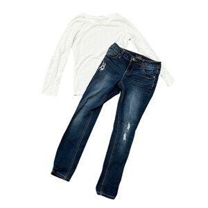 Bundle Girls Outfit M 7 8 Justice Jeans Cat & Jack Long Sleeve White Shirt